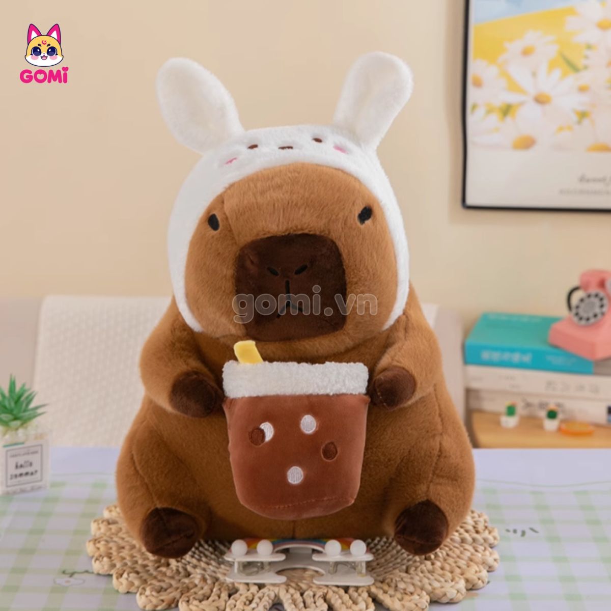 Gấu Bông Capybara Ôm Trà Sữa Cosplay