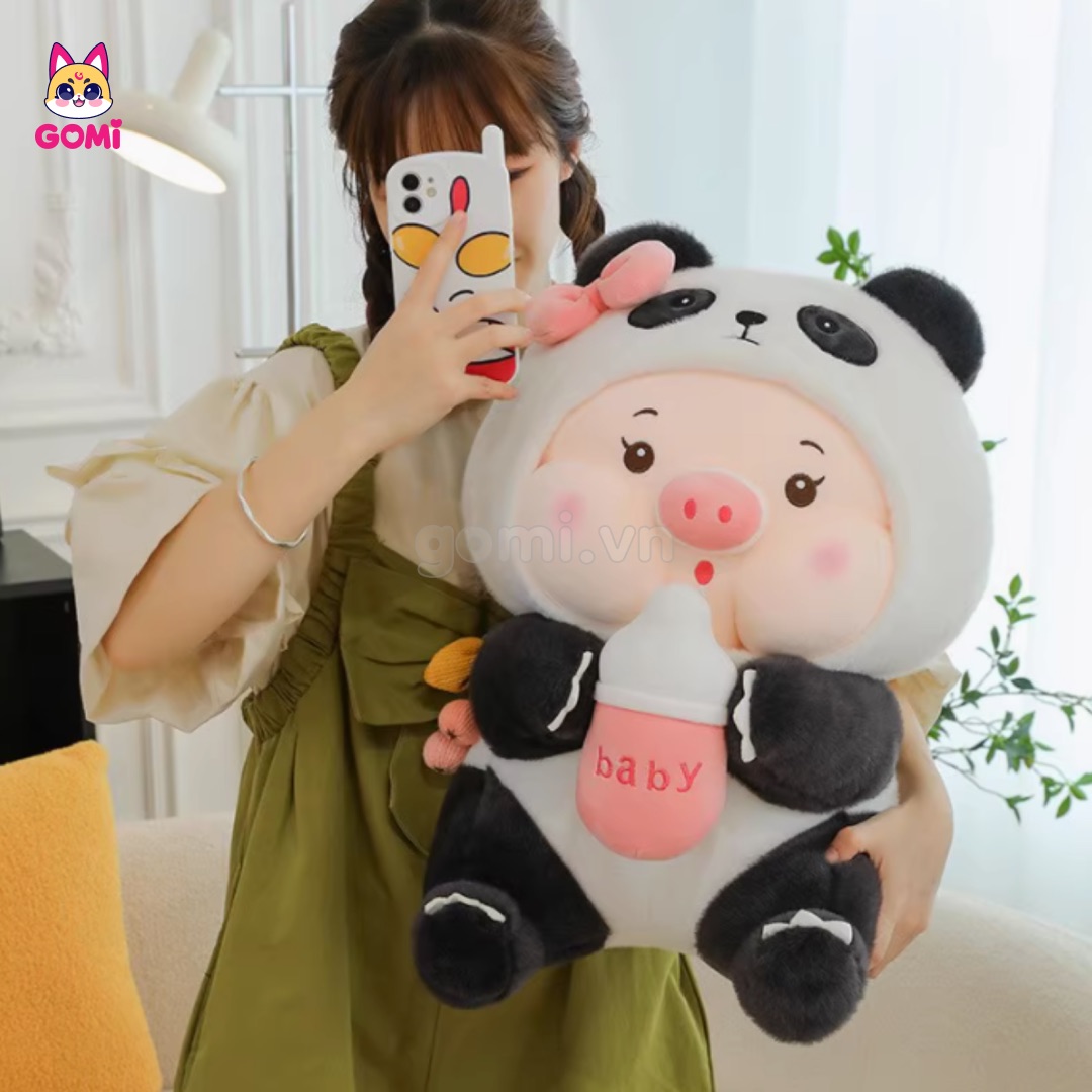 Gấu Bông Heo Cosplay Gấu Trúc Ôm Bình Sữa