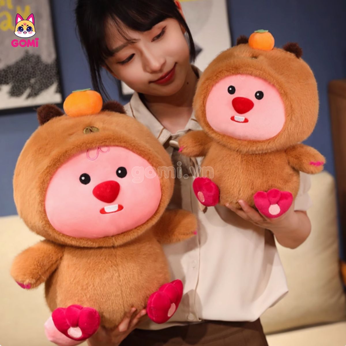 Gấu Bông Loopy Cosplay Capybara Đội Hồng