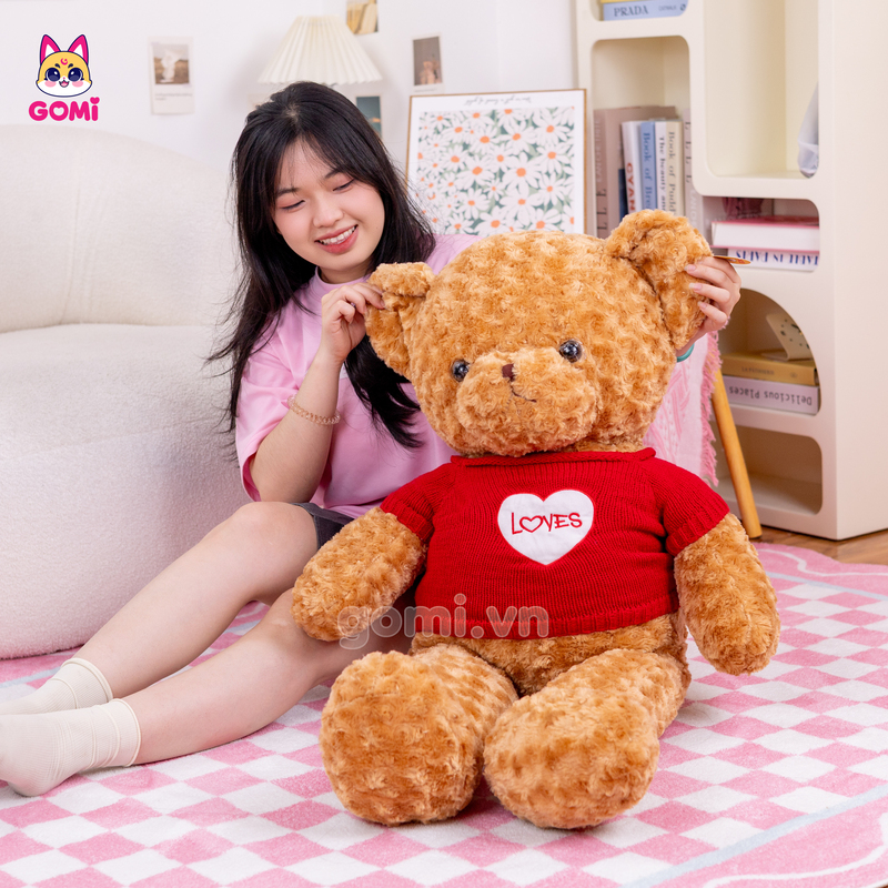 Gấu Bông Teddy Lông Xoắn Áo Len Love