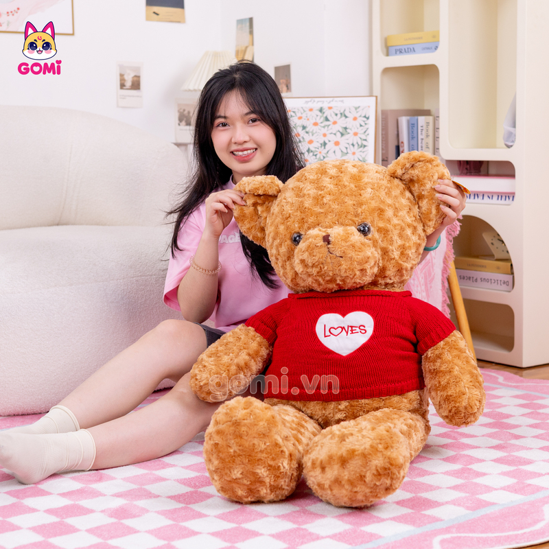 Gấu Bông Teddy Lông Xoắn Áo Len Love
