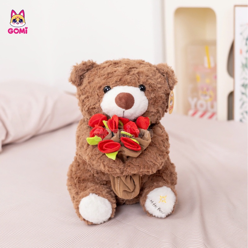 Gấu Bông Teddy Ôm Hoa Đội Mũ